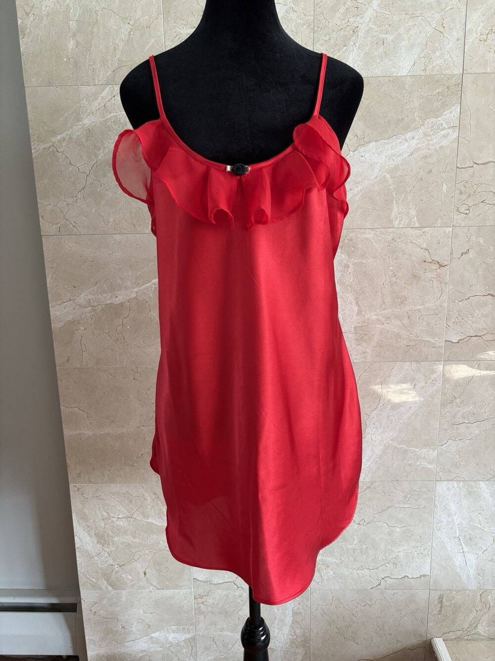 VTG 90s Red Chemise Slip Dress— M Ruffle Rose Appliqué, Nightie Lingerie USA